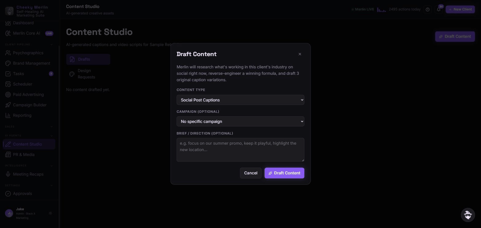 Merlin Content Studio drafting real, research-backed social captions live